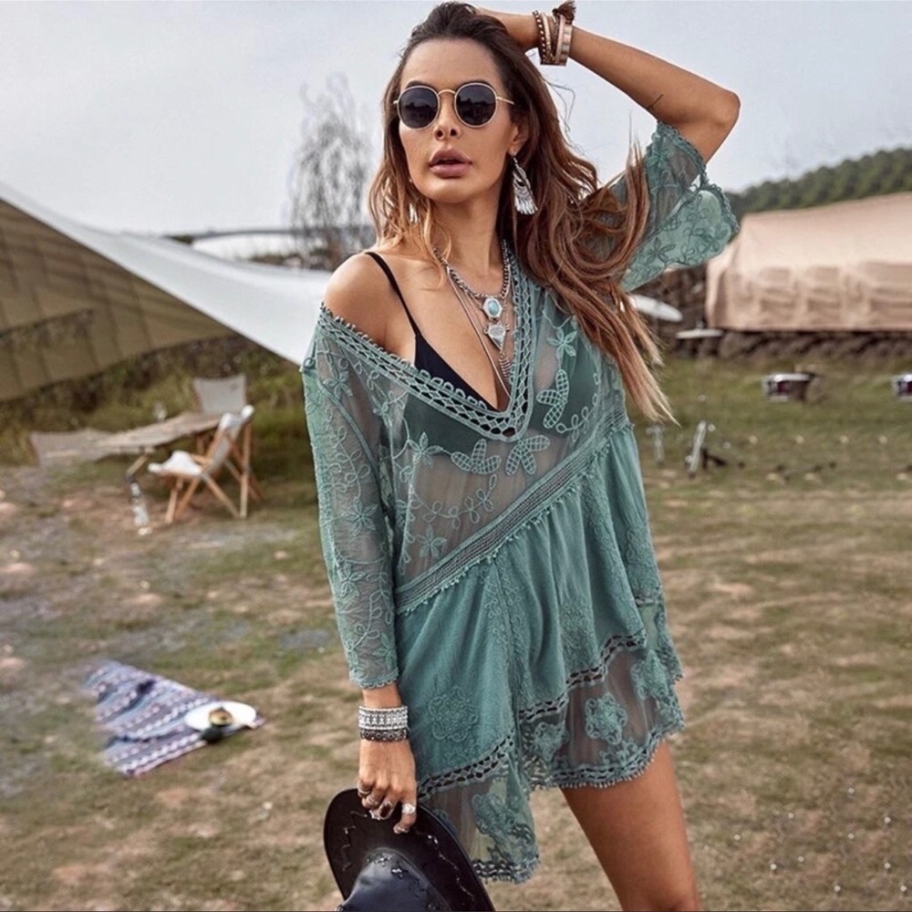 Dolly Boho Crochet Cotton Floral Inlay Lace Mini Dress Beach CoverUp - Picture 3 of 5